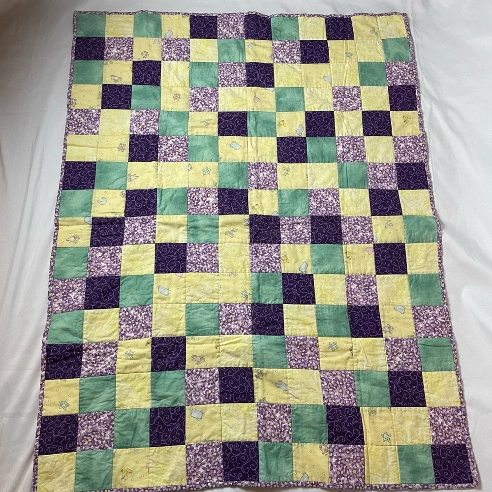 Hand Made Quilt Throw Lap Blanket Crib Purple Yellow Green Wall Hanging